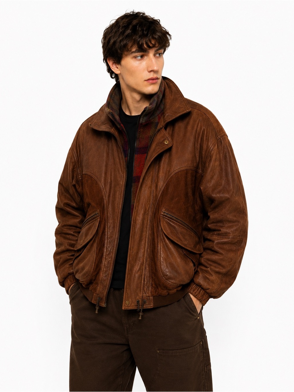 Vintage Winlit Brown Leather Bomber Jacket 80s 90s Aviator Plaid Lined Oversized